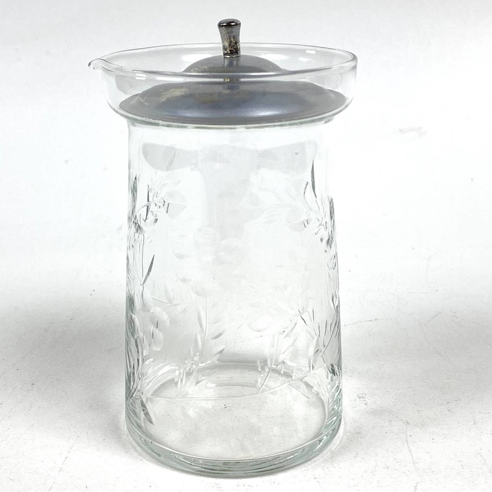 Depression Clear Glass Creamer with Metal Lid Etched Floral Vine